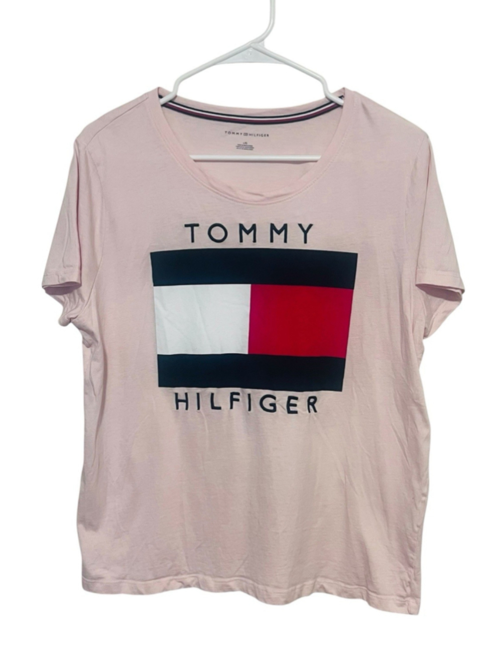Tommy Hilfiger Embroidered Flag Tee Women’s Large Pink Logo Short Sleeve T-Shirt